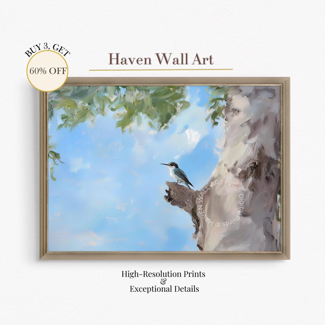 Little Songbird Perched on Tree Trunk Blue Sky Nature Wall Art