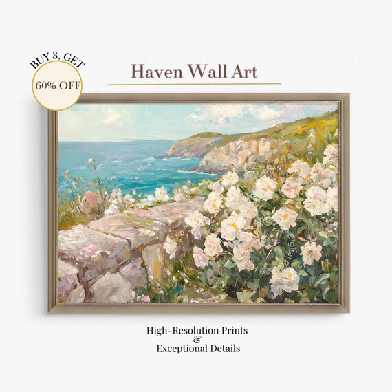 Seaside White Roses Stone Cliff Turquoise Ocean View Art Poster