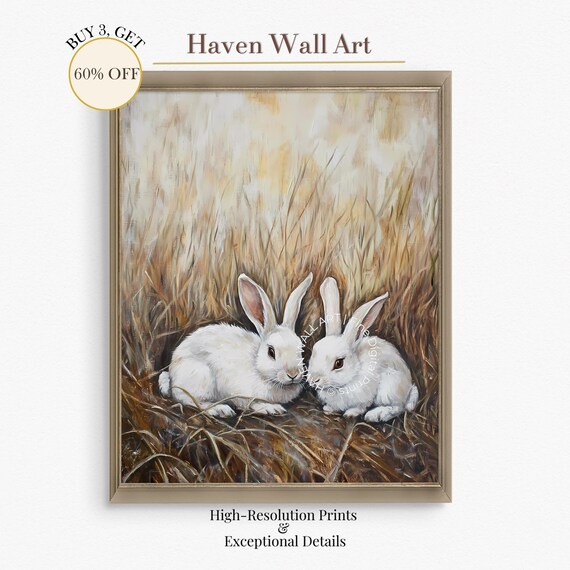 Two White Rabbits Golden Wheat Field Realistic Animal Oil Painting Poster