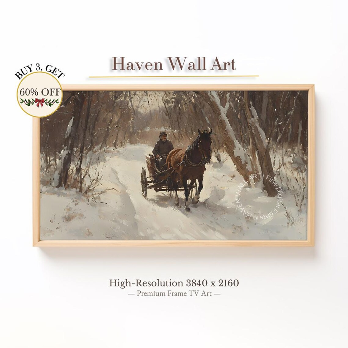 Horse Drawn Cart Snowy Forest Road Winter Journey Painting Poster