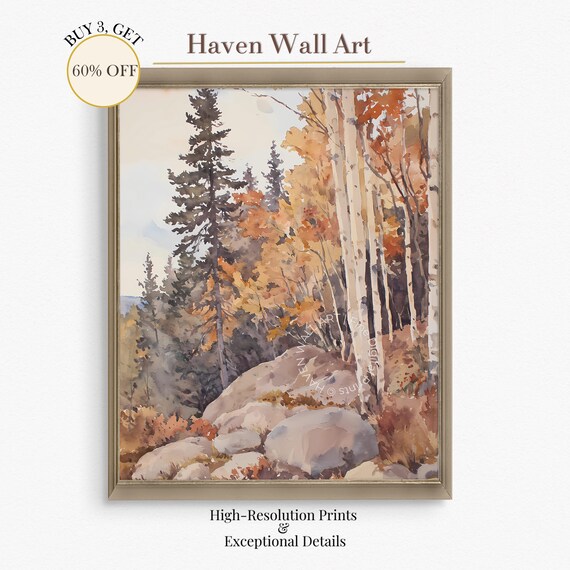 Golden Aspen Grove Watercolor Rocky Trail Autumn Forest Landscape Wall Art