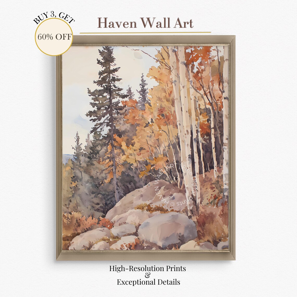 Golden Aspen Grove Watercolor Rocky Trail Autumn Forest Landscape Wall Art