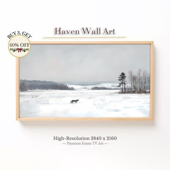 Lone Wolf Winter Plains Snowy Landscape Tv Art Samsung Frame Rustic Farmhouse Decor Cozy Wall Twl010