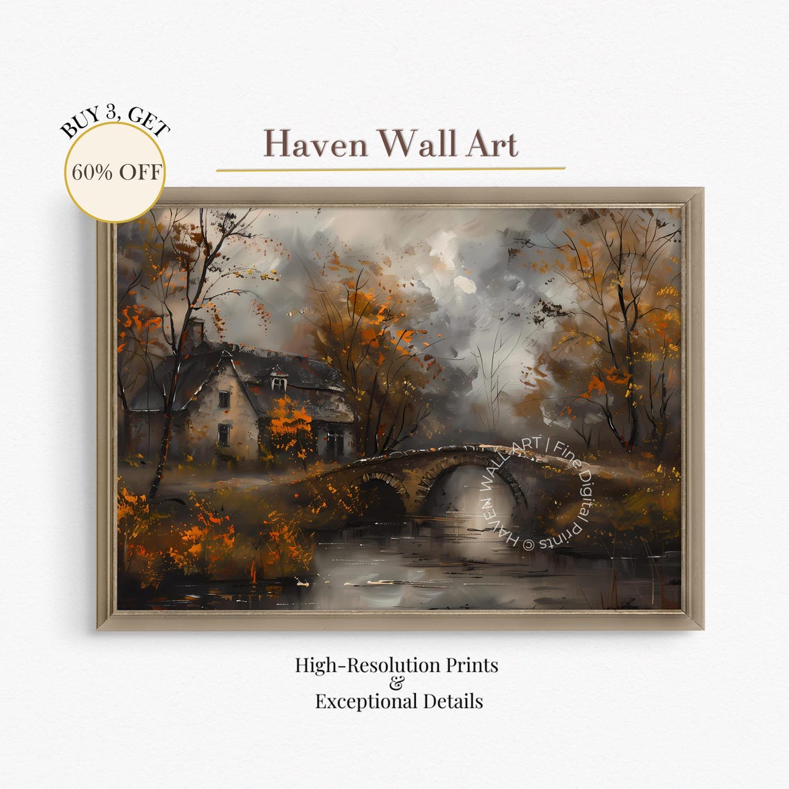 Stone Cottage Stone Bridge Over River Moody Autumn Landscape Wall Art