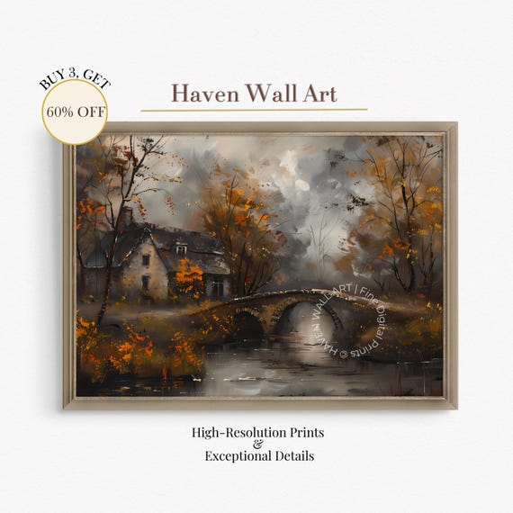 Thanksgiving Bridge Cottage Wall Art Moody Autumn Landscape Painting Fall Harvest Home Decor Vintage Pal110