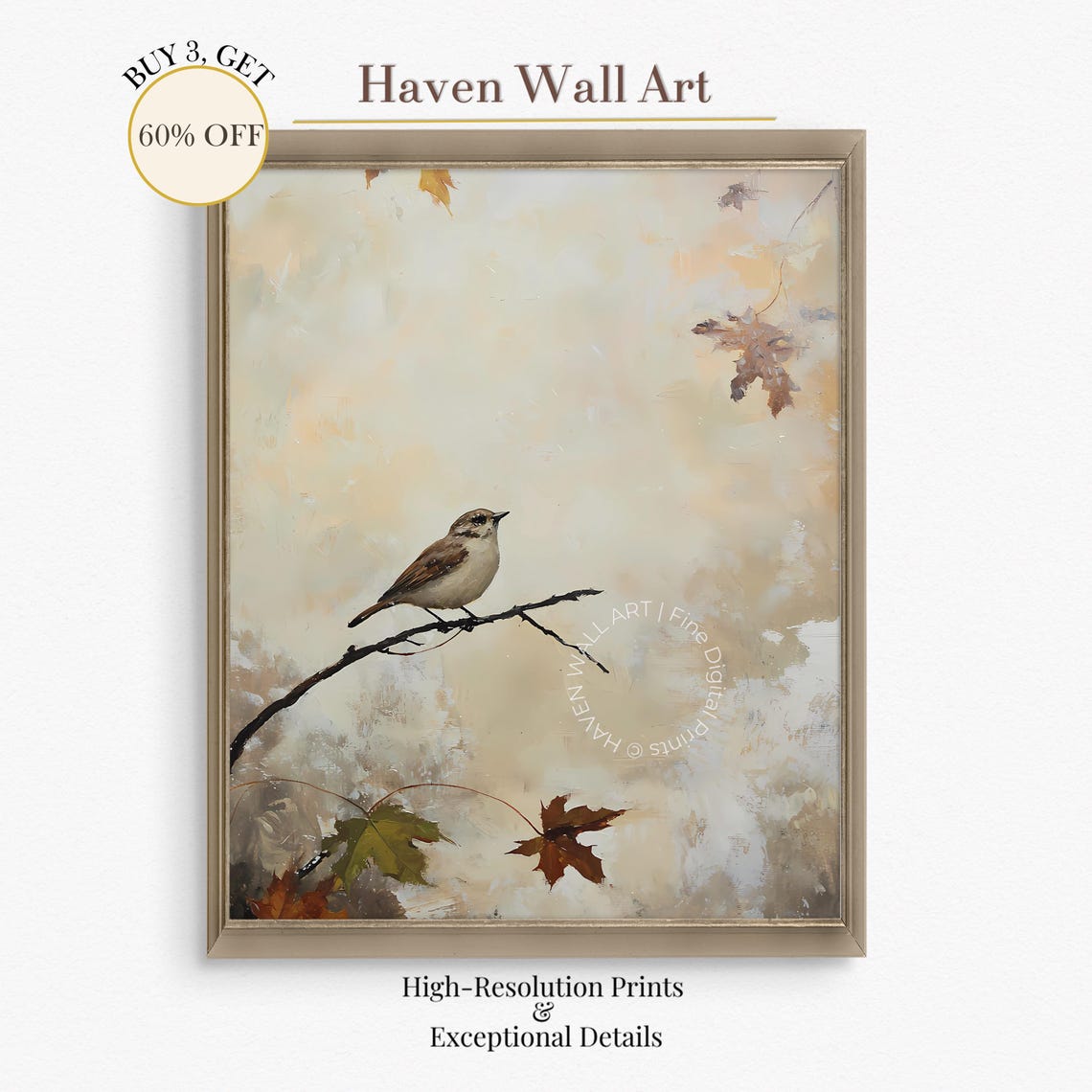 Minimalist Autumn Sparrow on Branch Soft Beige Oil Painting Wall Art