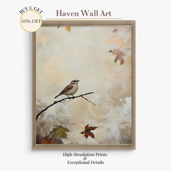 Minimalist Autumn Sparrow on Branch Soft Beige Oil Painting Wall Art