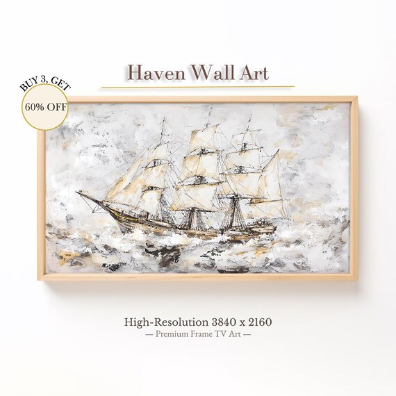 Tall Sailing Ship On Ocean Waves Vintage Nautical Cream Art Poster