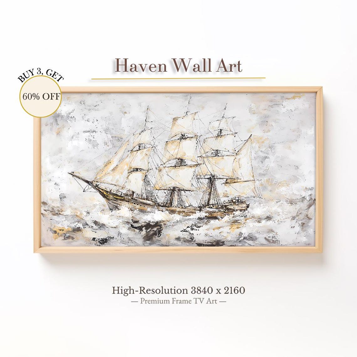 Tall Sailing Ship On Ocean Waves Vintage Nautical Cream Art Poster