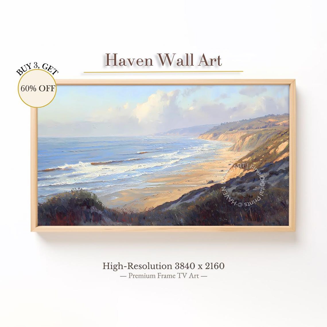 Golden Coastal Cliffs Beach Crashing Waves Ocean Scene Poster