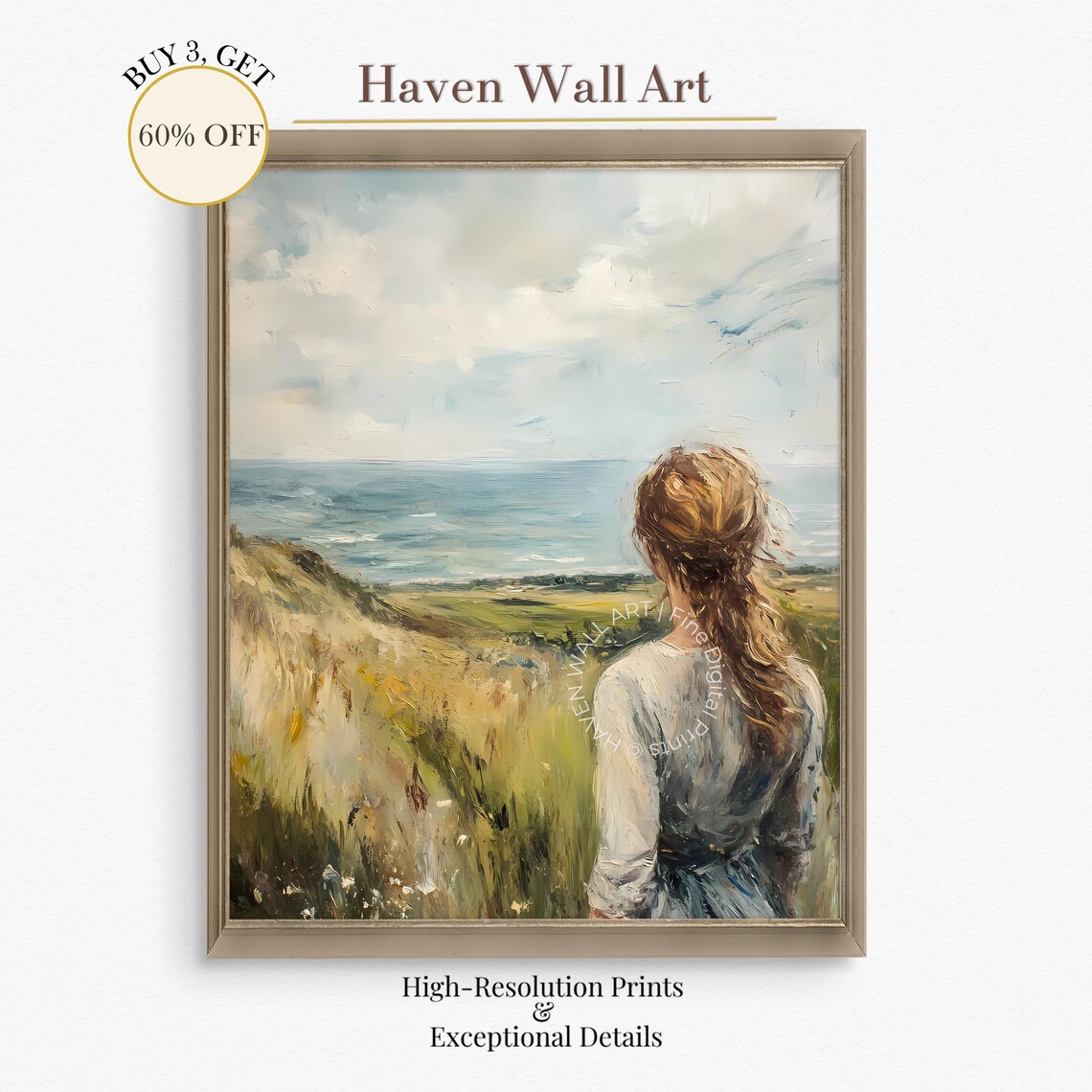 Woman Overlooking Ocean from Golden Meadow Impressionist Art Poster