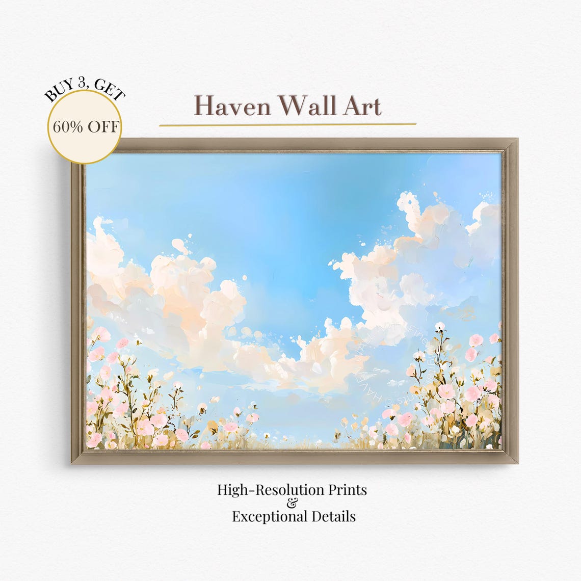 Spring Cloudscape Wildflowers Dreamy Blue Sky Art Pastel Nature Landscape Minimalist Decor Psl098
