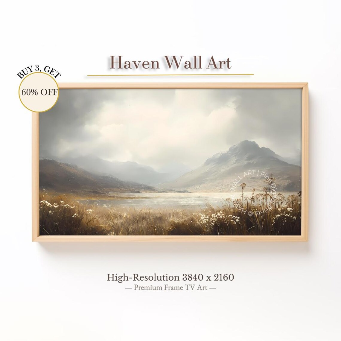 Golden Meadow By A Misty Mountain Lake Landscape Painting Poster