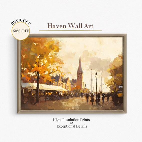 Autumn European Market Street Print With Church Spire And Golden Trees
