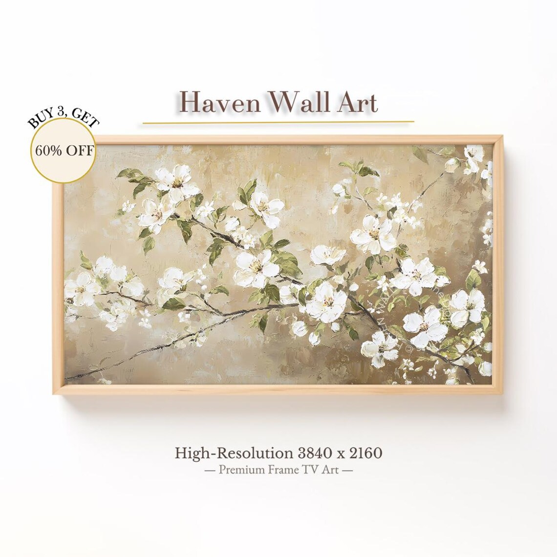 Vintage White Blossom Branch Warm Beige Floral Oil Painting Art Poster