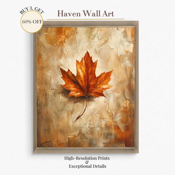Burnt Orange Maple Leaf Textured Cozy Autumn Rustic Botanical Wall Art