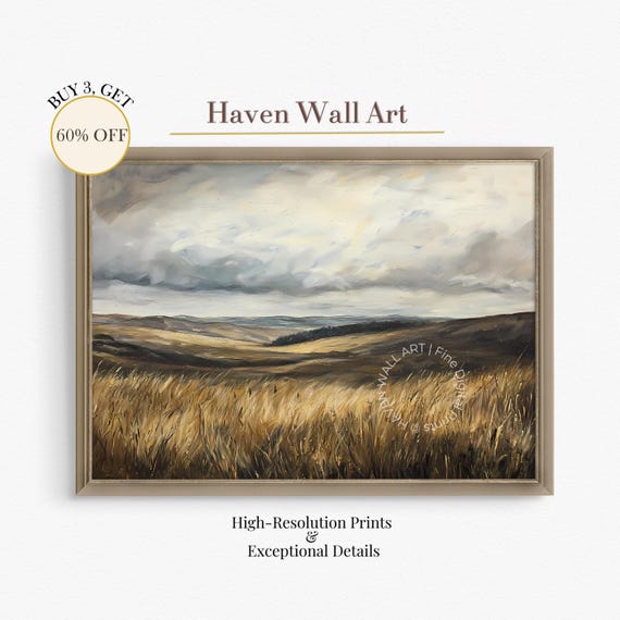 Vintage Autumn Prairie Landscape Art Rustic Moody Fall Field Wall Decor Country Nature Painting Pal002