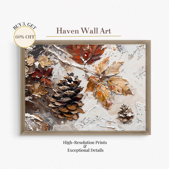 Autumn Pinecone Leaves Impasto Still Life White Oil Painting Poster