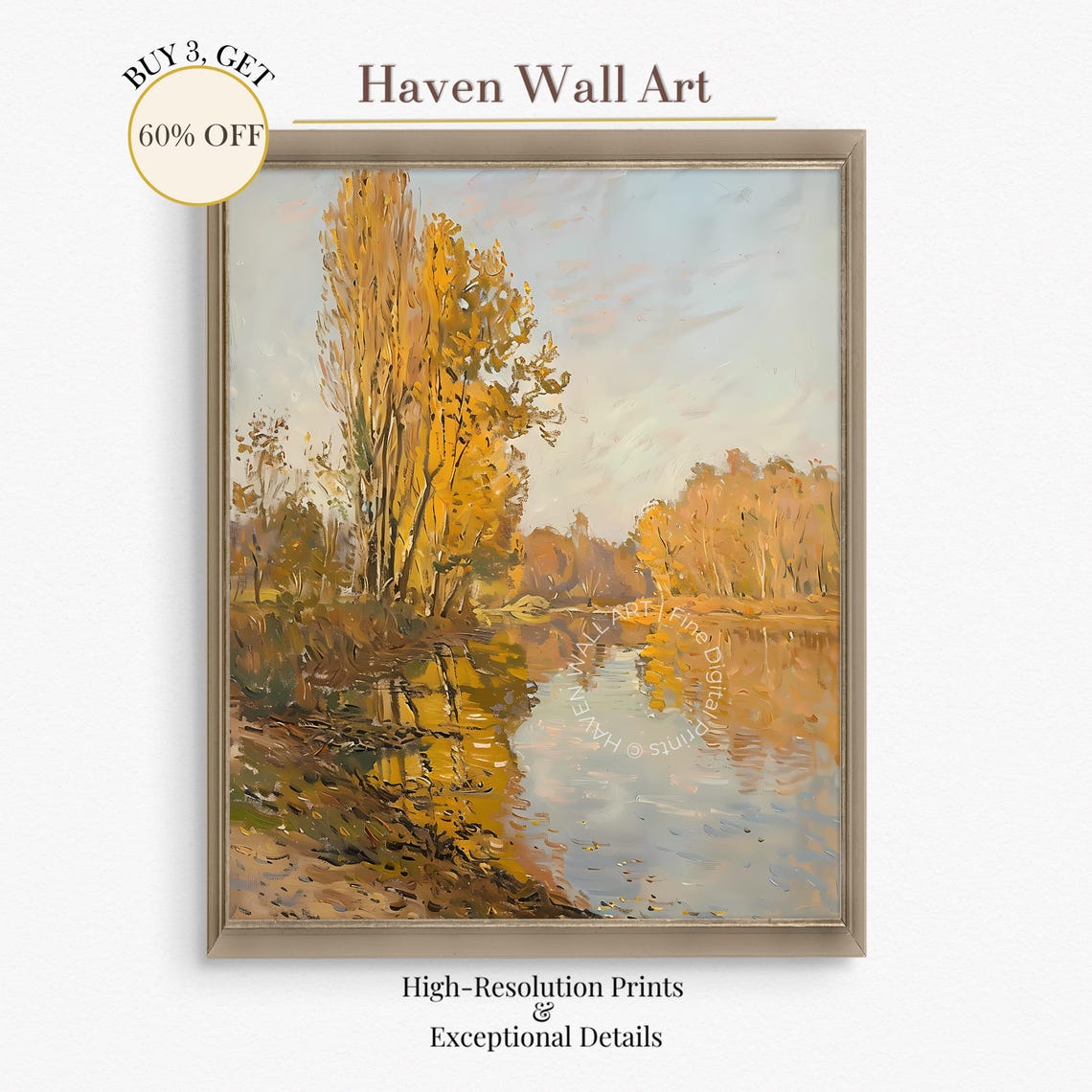 Autumn Riverbank Tall Golden Poplars Reflected Stream Poster