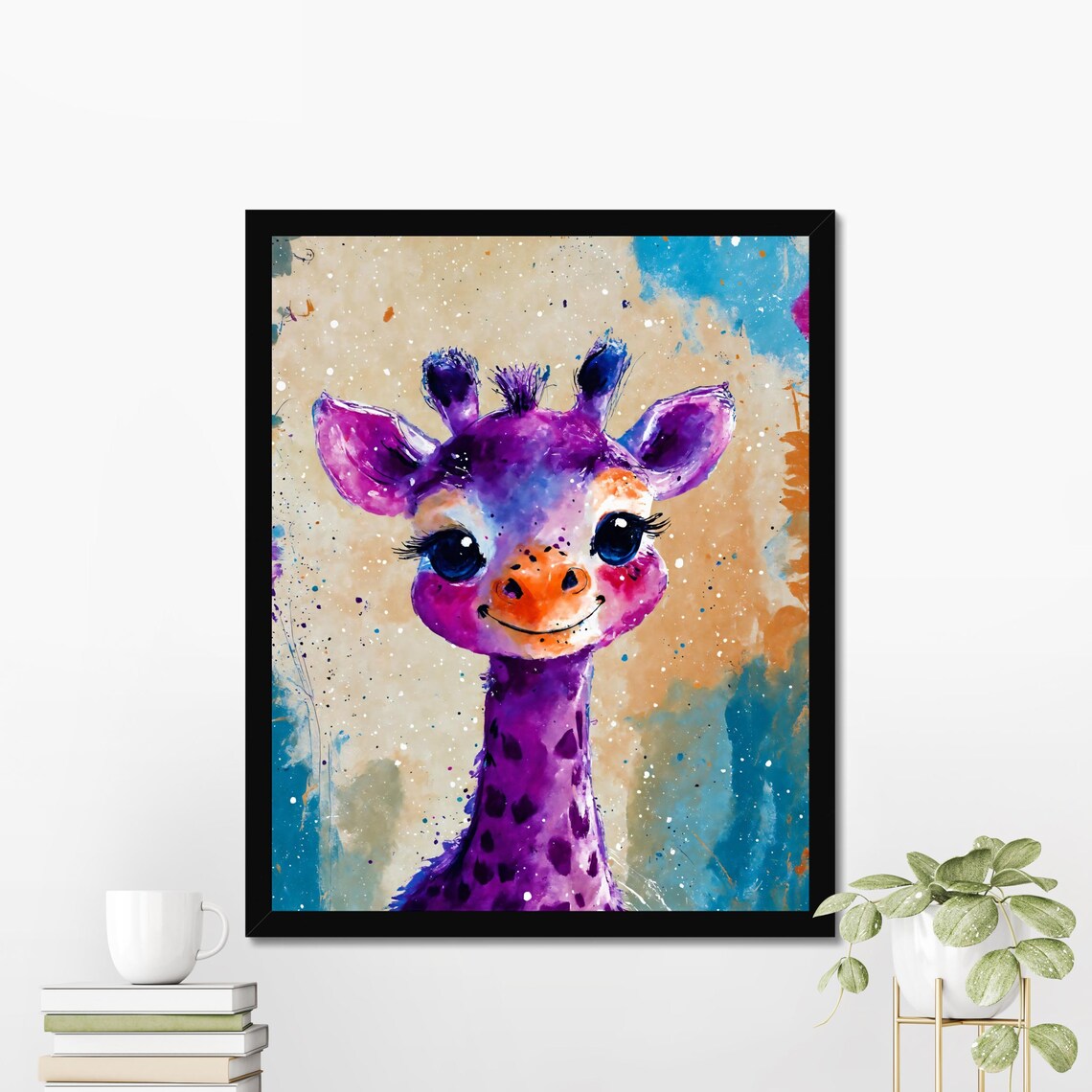 Cute Purple Giraffe Big Eyes Portrait Colorful Safari Kids Poster