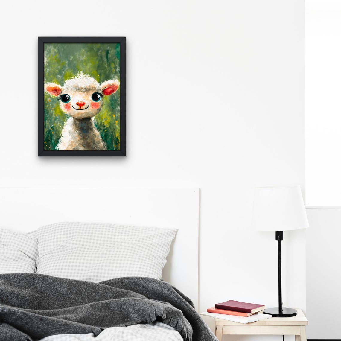 Adorable White Lamb Big Eyes Portrait Green Meadow Nursery Poster - Image 2
