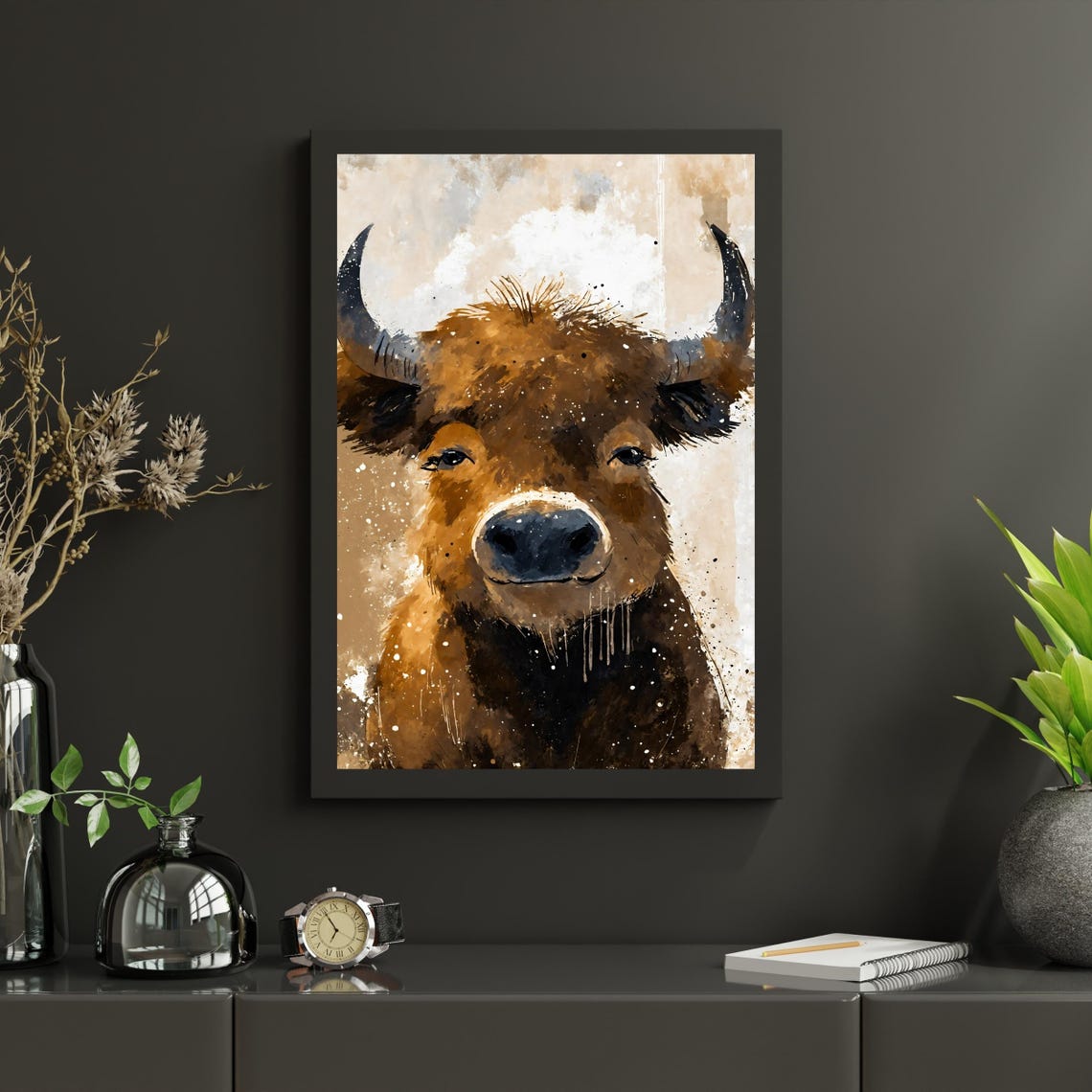 Highland Cow Portrait Watercolor Brown Bull Rustic Farmhouse Poster