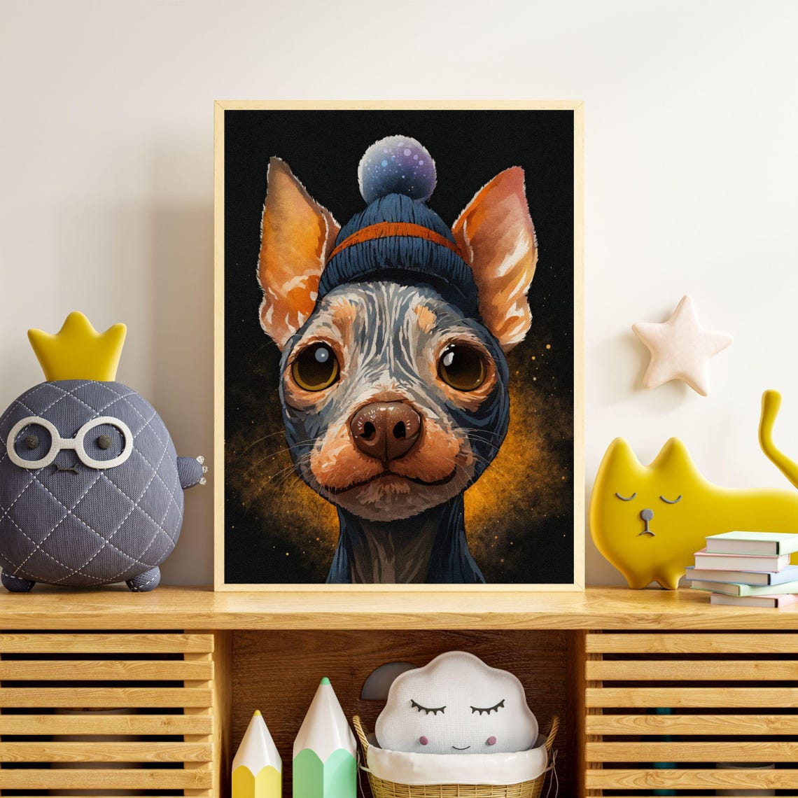 Chihuahua in Blue Winter Beanie Hat Funny Dog Portrait Poster
