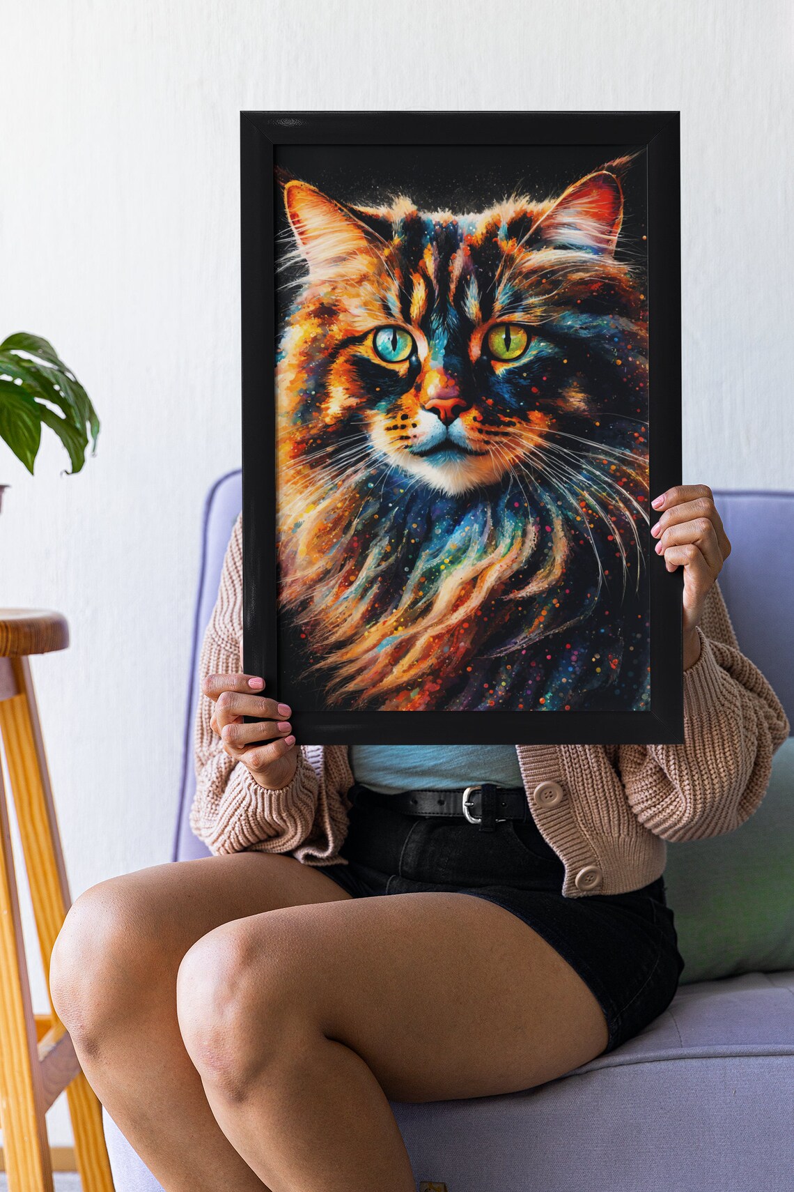 Fluffy Long Hair Cat Glowing Green Eyes Watercolor Rainbow Art Poster - Image 4