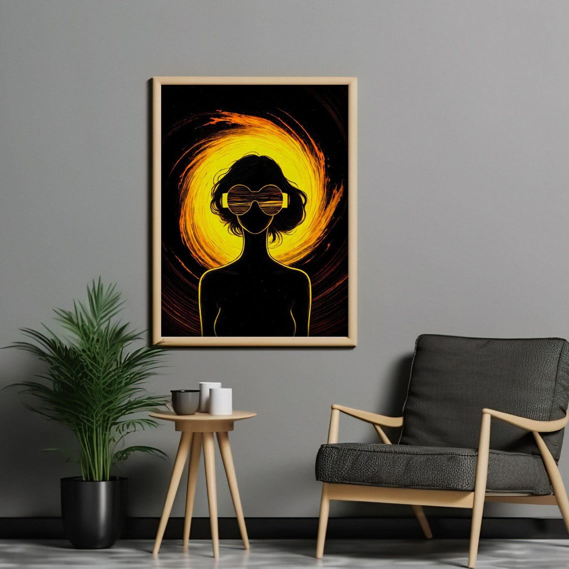 Abstract Flaming Woman Silhouette Sunglasses Yellow Vortex Art Print - Image 3