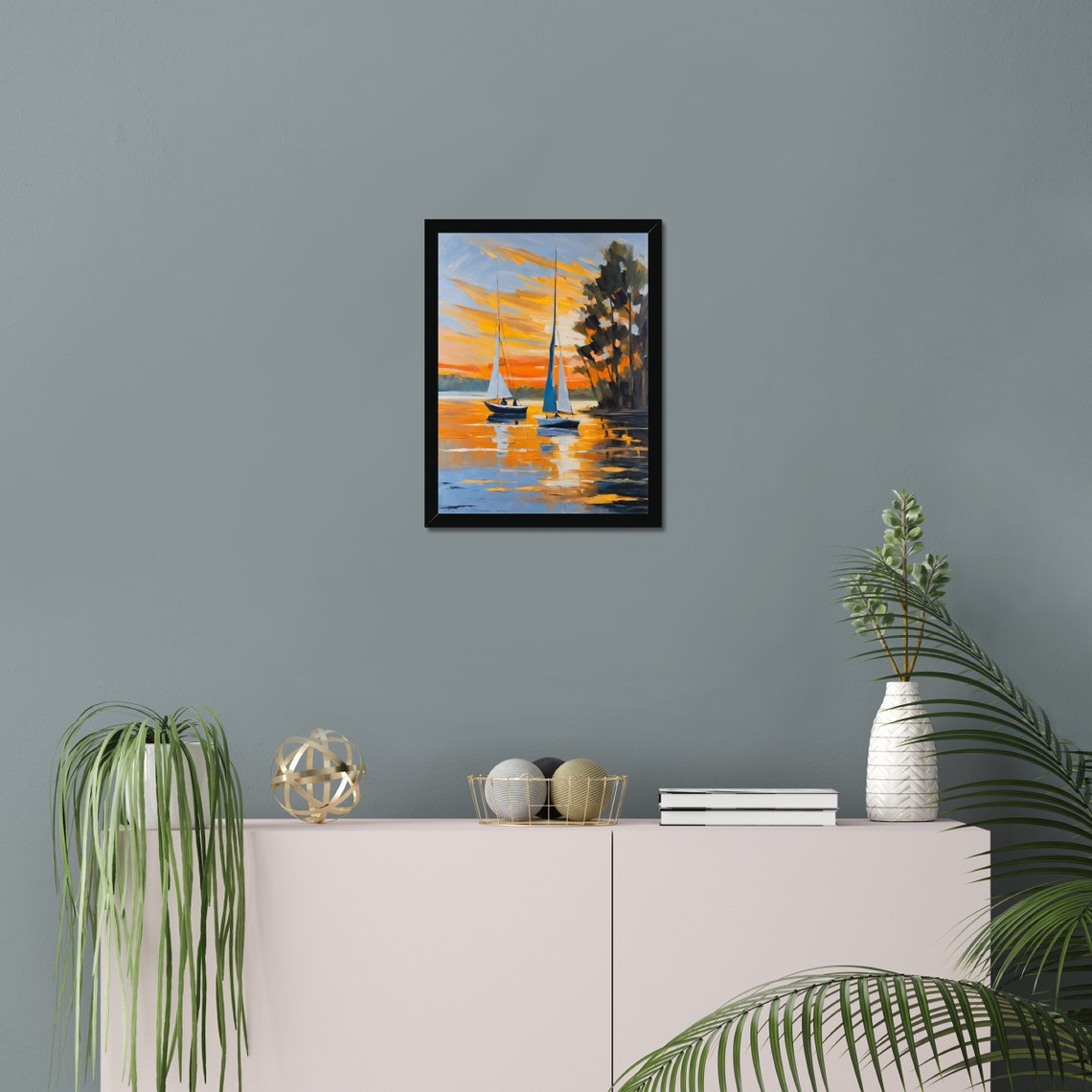 Painting Of A Lake With Sailboats At Sunset Original Art Landscape Painting Handmade Painting Home Decor Wall Art Sailboat Art Print - Image 3