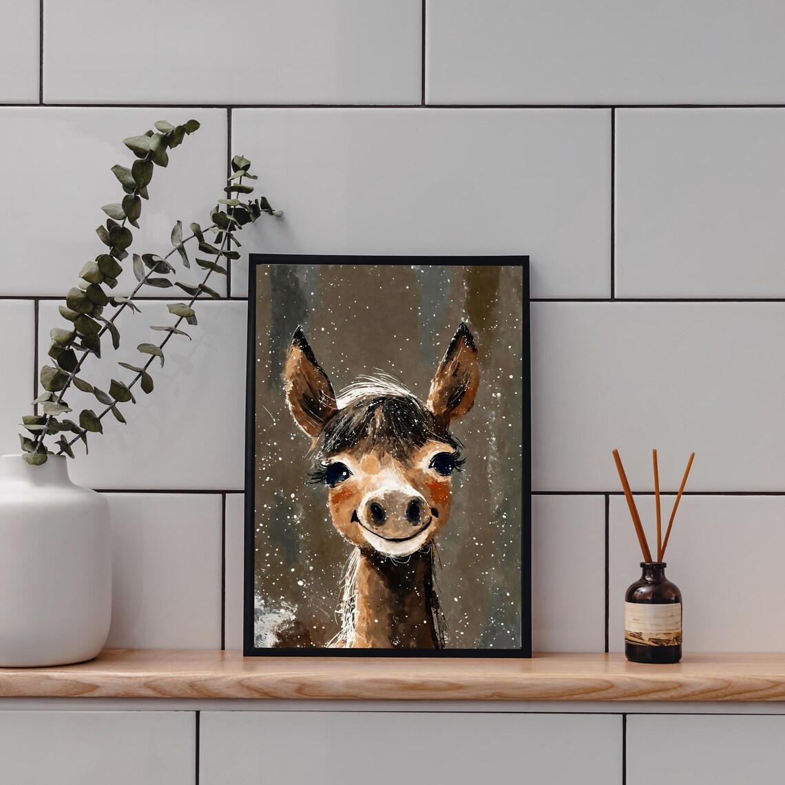 Cute Baby Llama Watercolor Portrait Starry Night Kids Room Art Print - Image 2