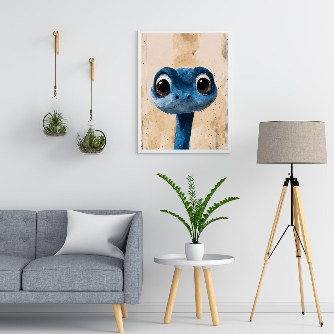Cute Blue Baby Snake Watercolor Portrait Big Eyes Kids Room Art Print - Image 3