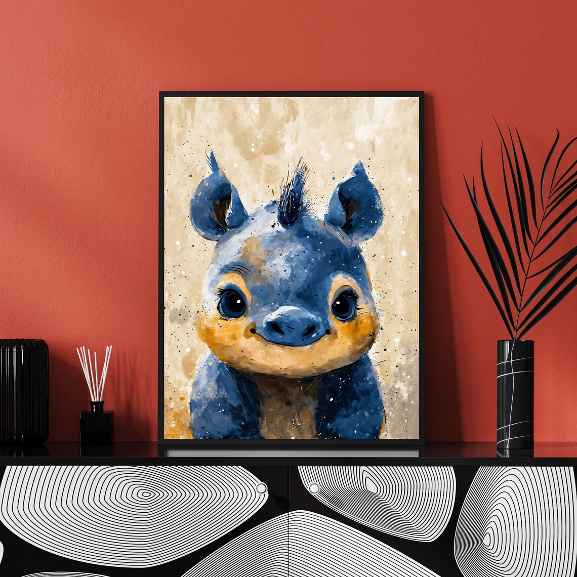 Cute Blue Baby Rhino Watercolor Portrait Kids Nursery Animal Poster