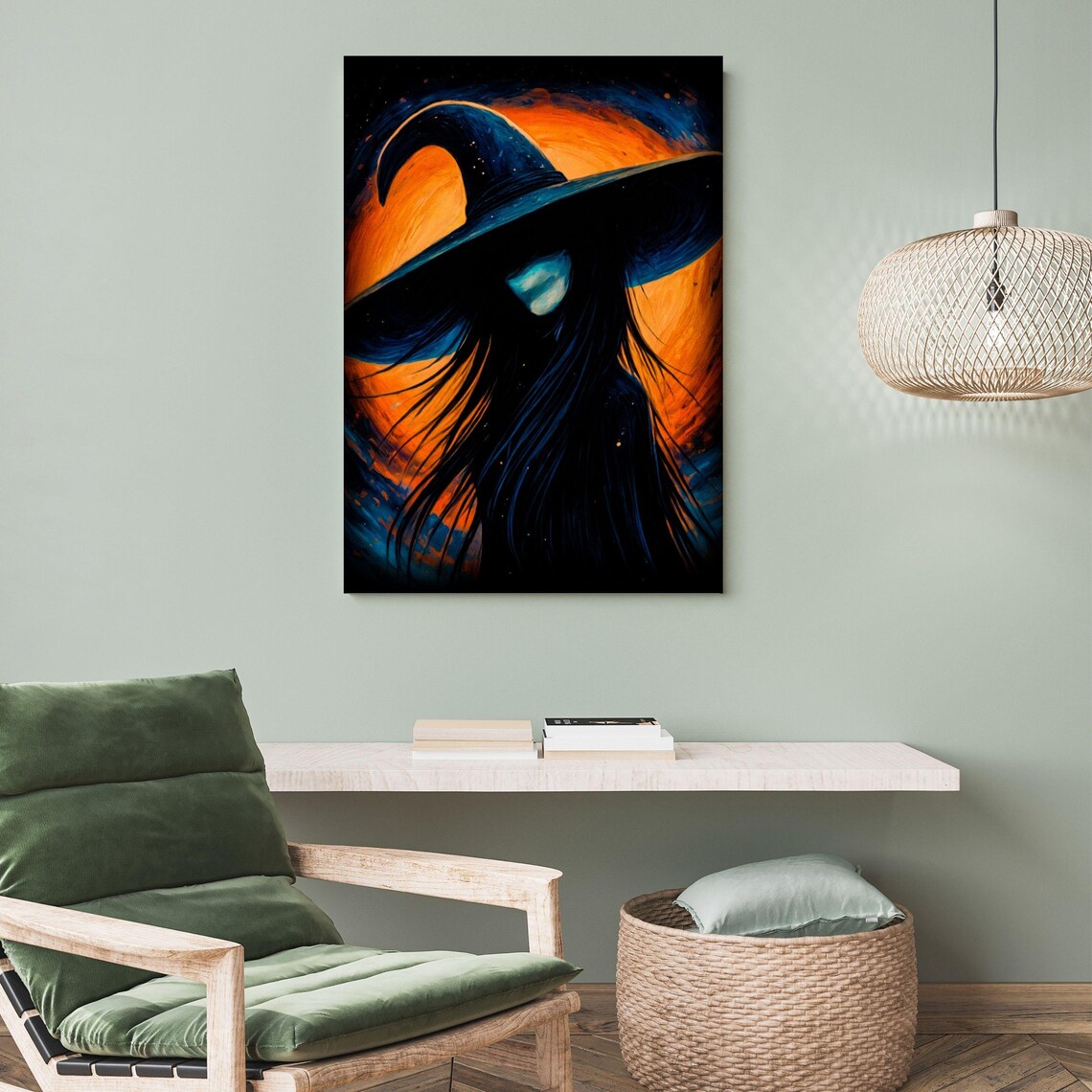 Gothic Witch Silhouette In Wide Brim Hat Against Orange Moon Fantasy Art Print - Image 4