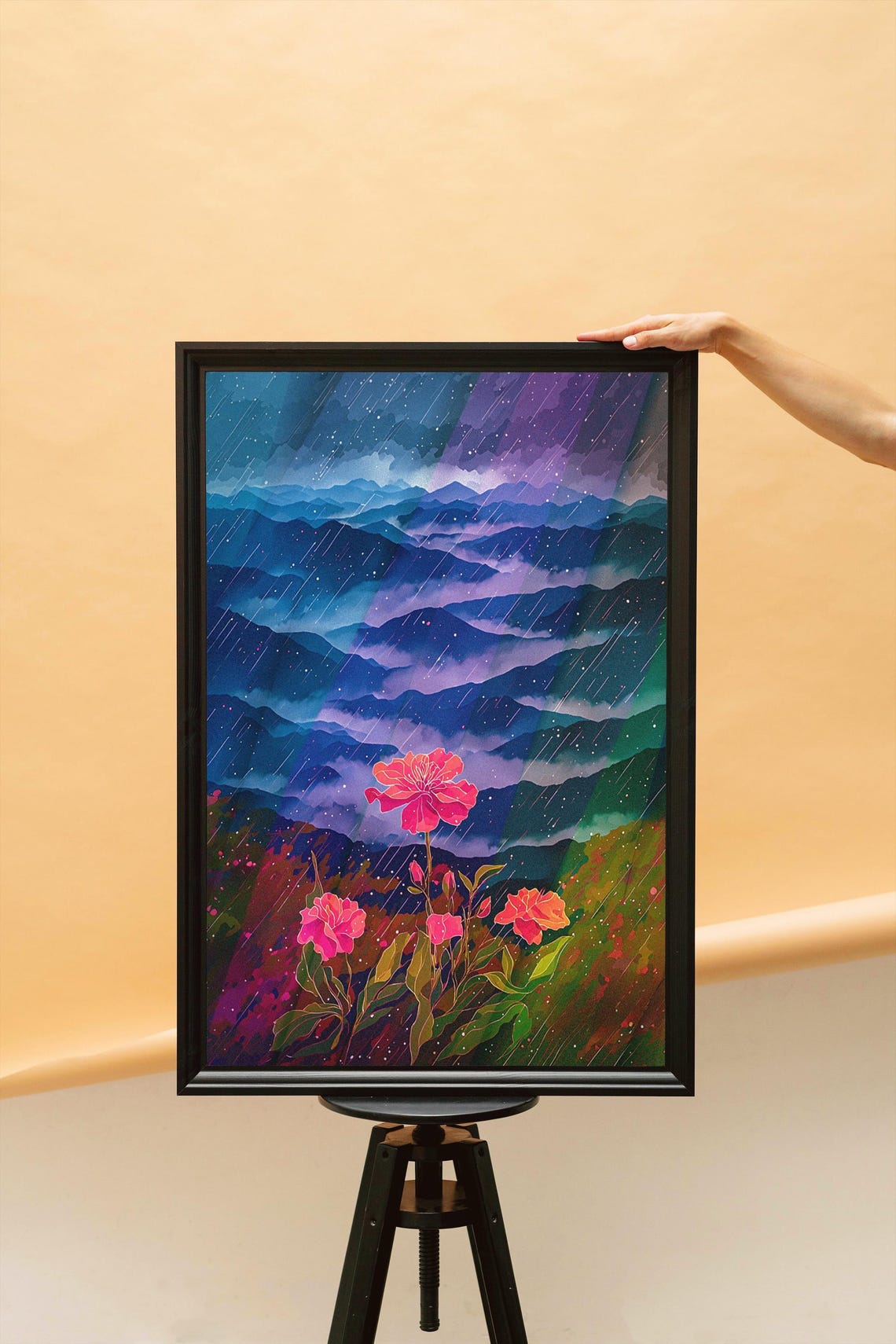 Pink Peonies Blooming in Rain Over Misty Purple Mountains Wall Art - Image 3