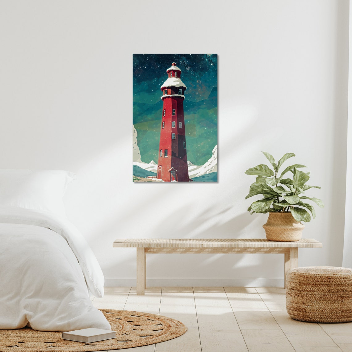 Red Lighthouse Snowy Night Starry Sky Coastal Winter Fantasy Poster - Image 3
