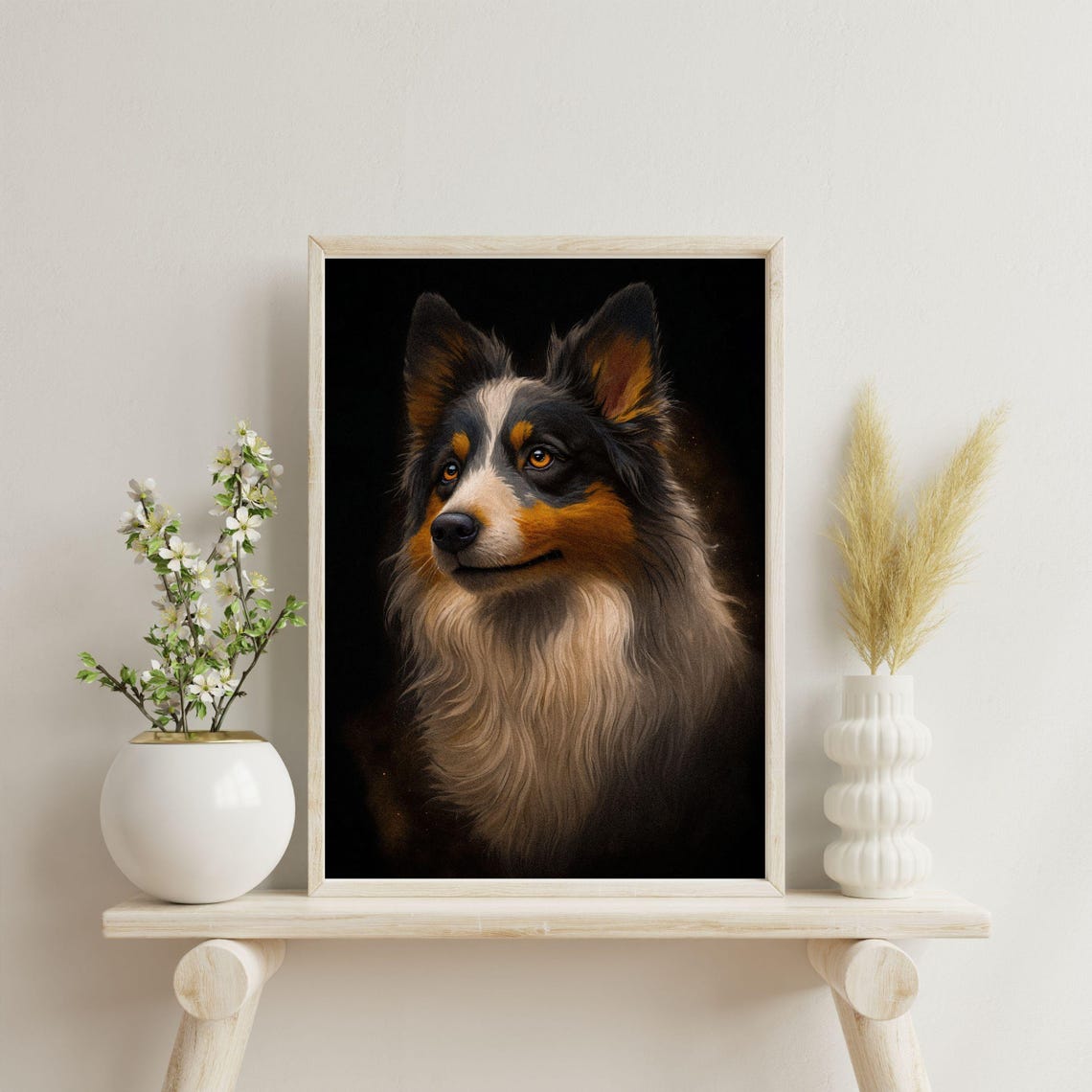 Tri Color Australian Shepherd Portrait Black Background Wall Art - Image 6