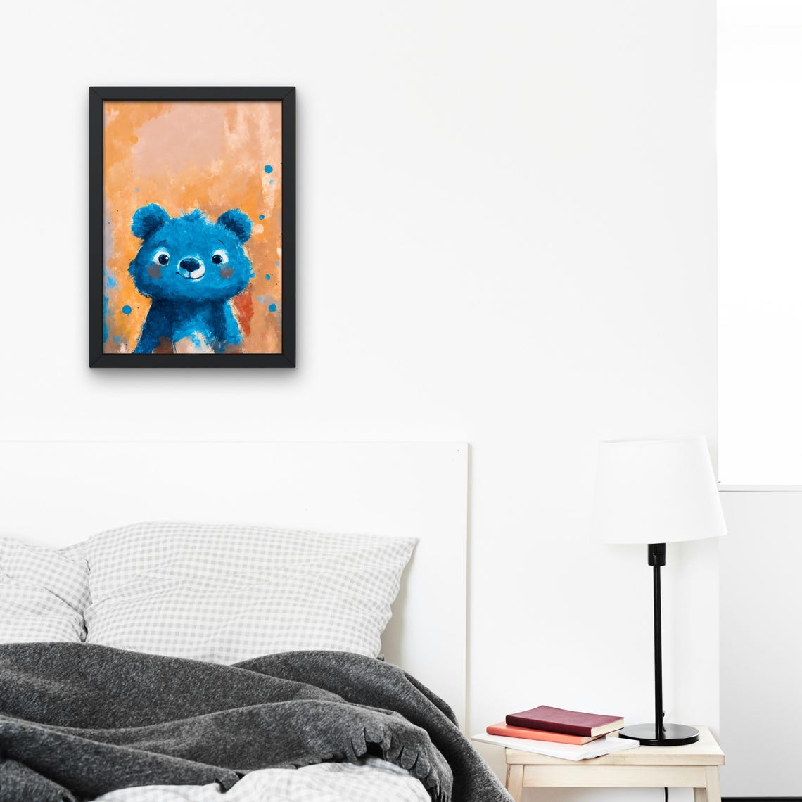 Cute Blue Teddy Bear Portrait Orange Background Kids Room Poster - Image 2