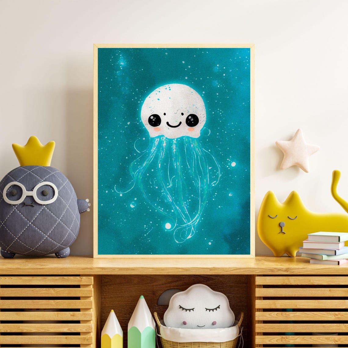 Glowing White Baby Jellyfish Teal Ocean Nursery Kids Wall Art - Image 2