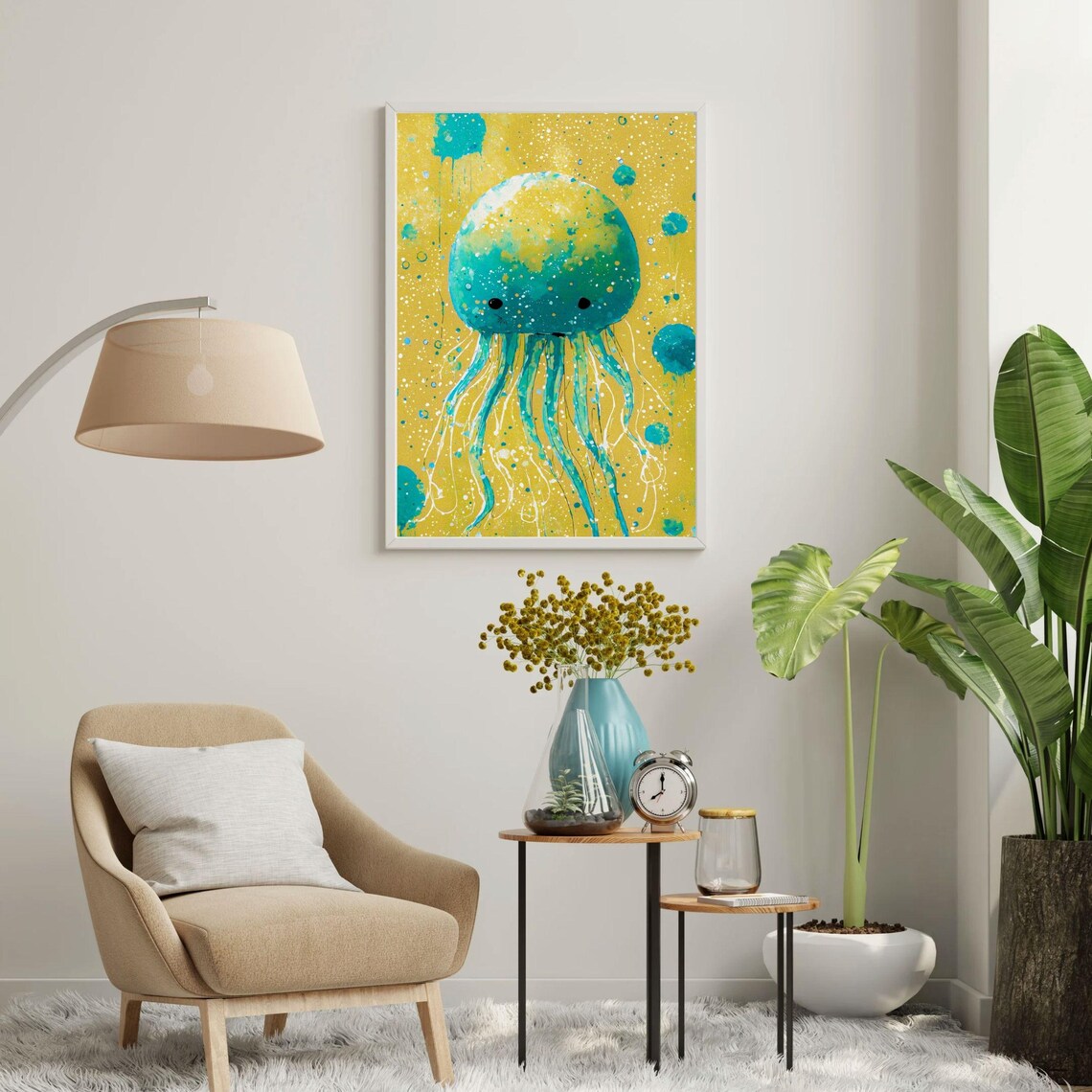 Teal Jellyfish Yellow Splatter Ocean Nursery Kids Room Wall Art - Image 4