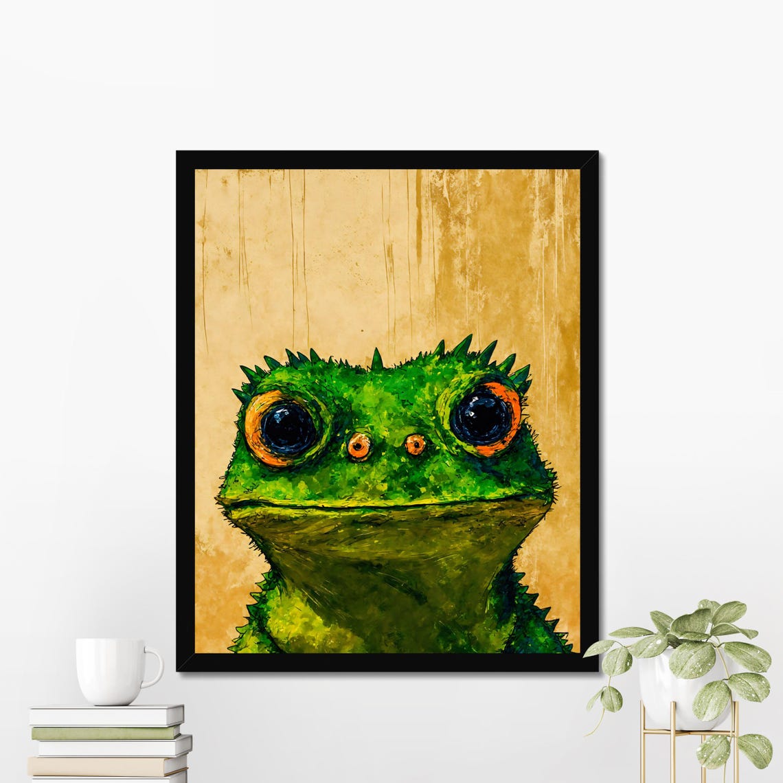 Green Spiky Lizard Big Orange Eyes Portrait Exotic Reptile Poster