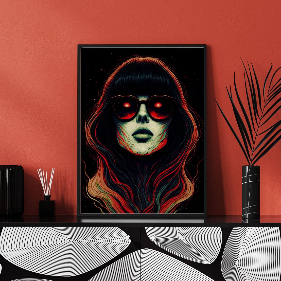 Zombie Glam Portrait Iridescent Skin Red Glow Sunglasses Gothic Art Print - Image 2