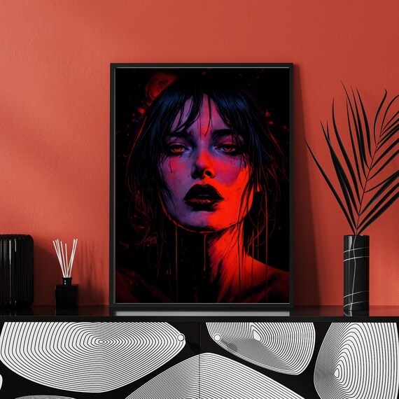 Dark Gothic Female Portrait Red Black Moody Dramatic Art Wall Print
