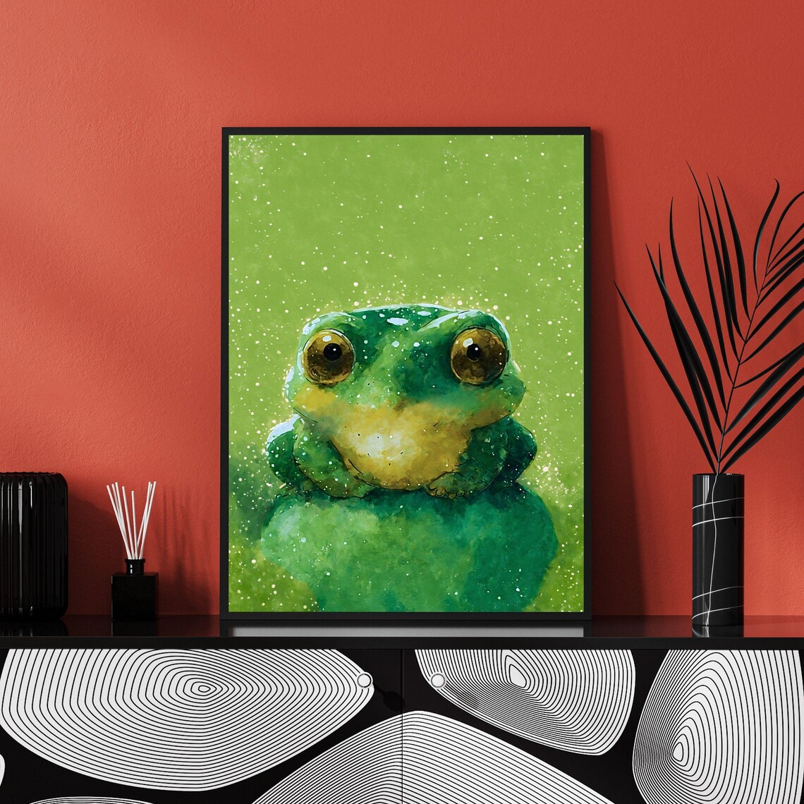 Bright Green Baby Frog Watercolor Portrait Golden Eyes Nursery Art Print - Image 4