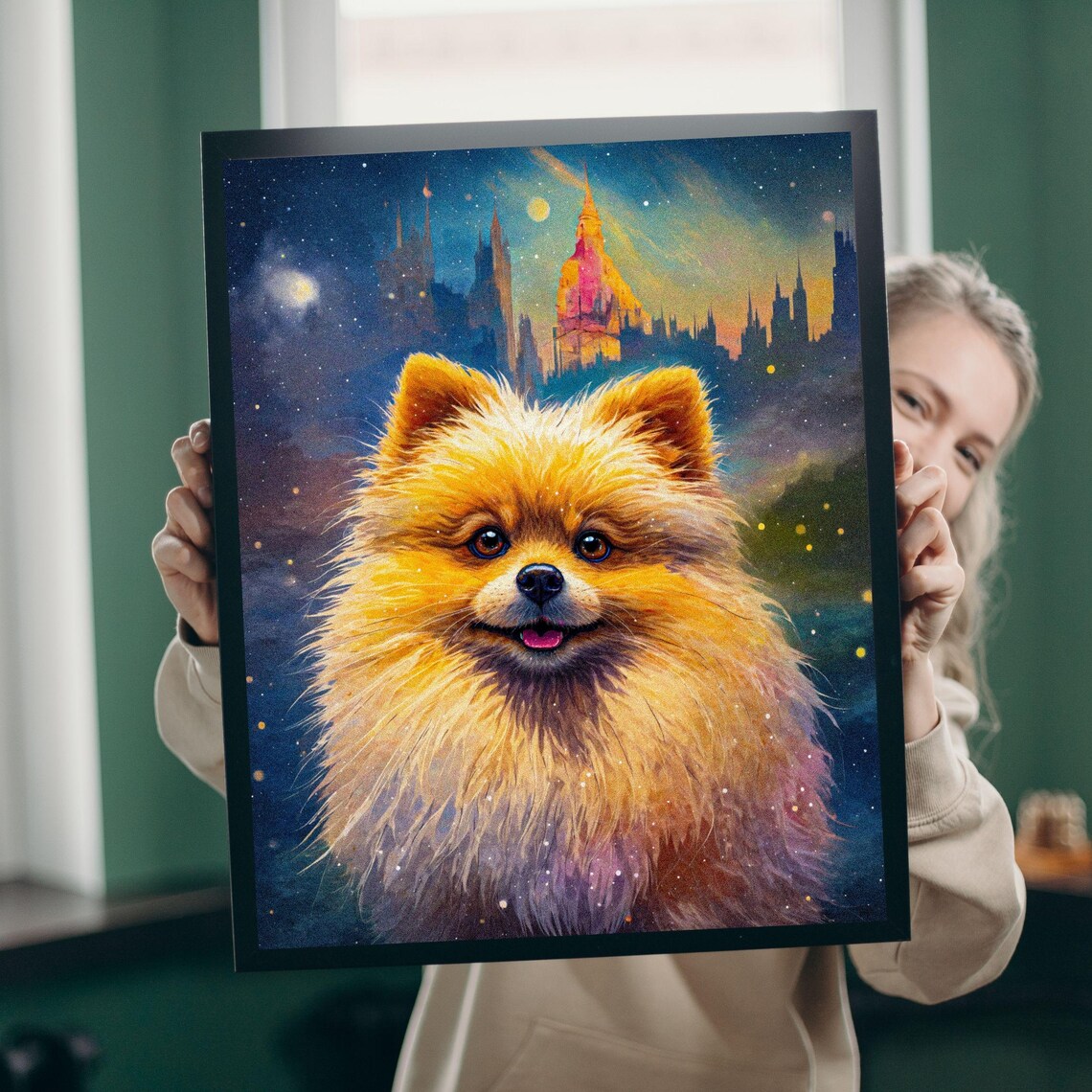 Smiling Pomeranian Fantasy Castle Starry Night Dog Portrait Poster