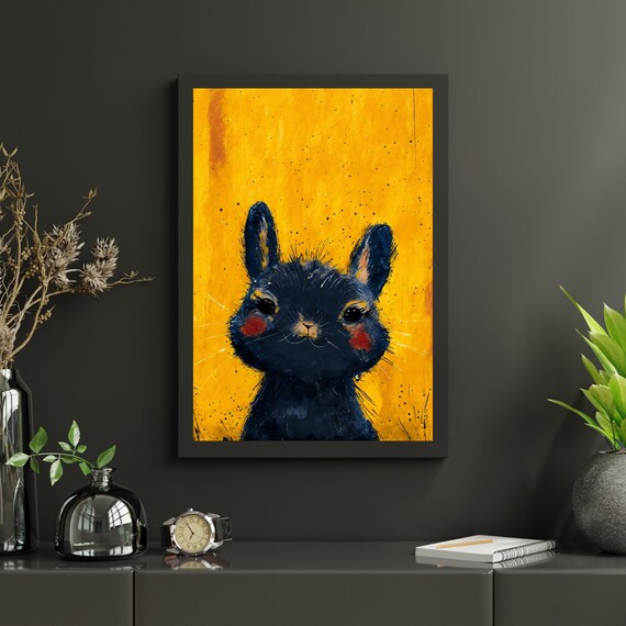 Cute Black Baby Bunny Watercolor Portrait Rosy Cheeks Yellow Art Print