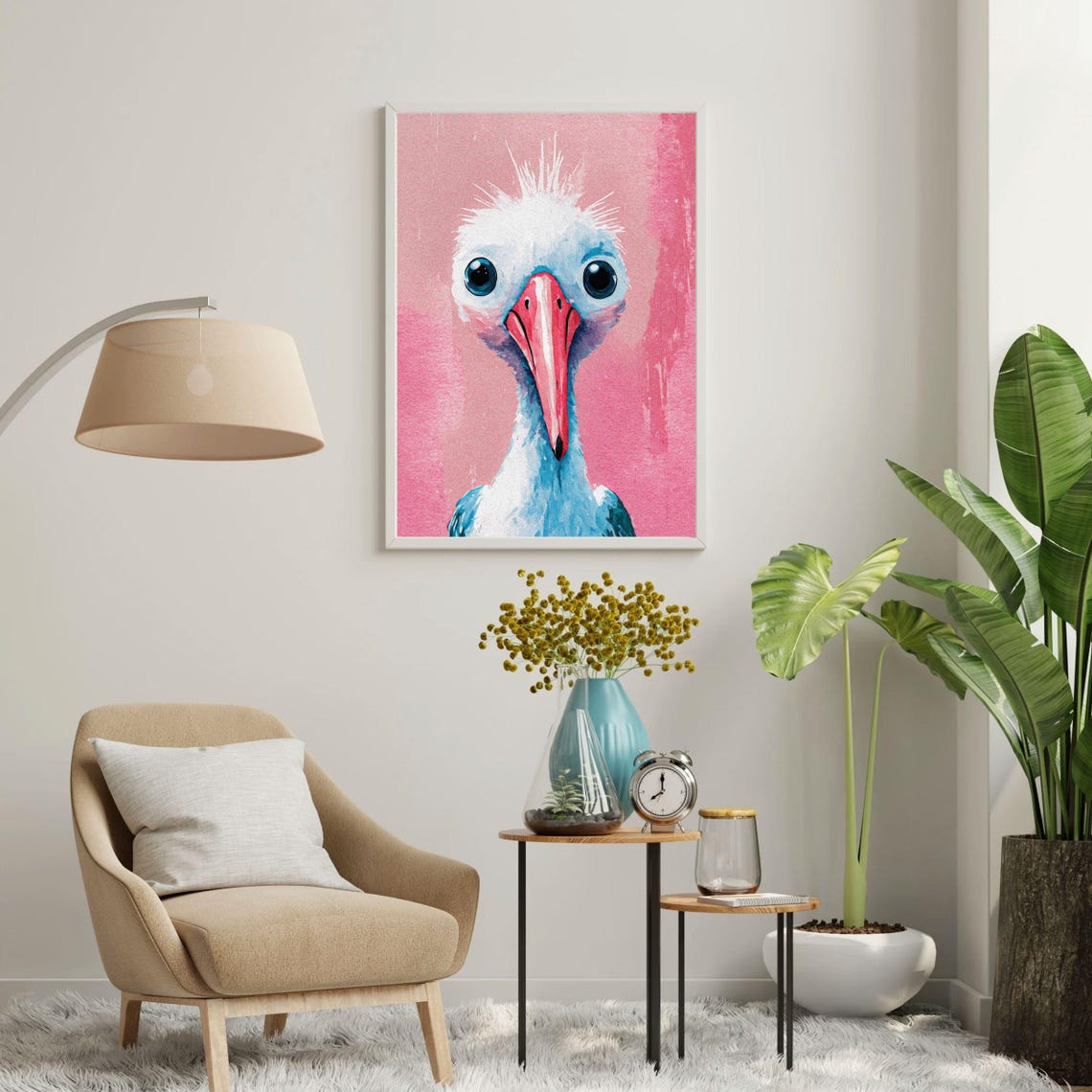 Quirky Blue Stork Pink Background Bird Portrait Nursery Wall Art - Image 2