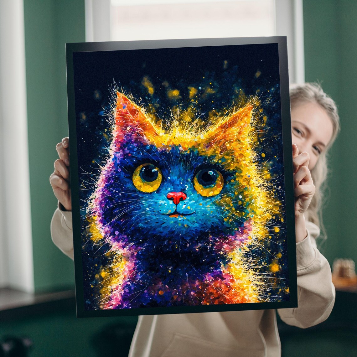 Vibrant Colorful Kitten Portrait in Neon Paint Splatter Style Poster