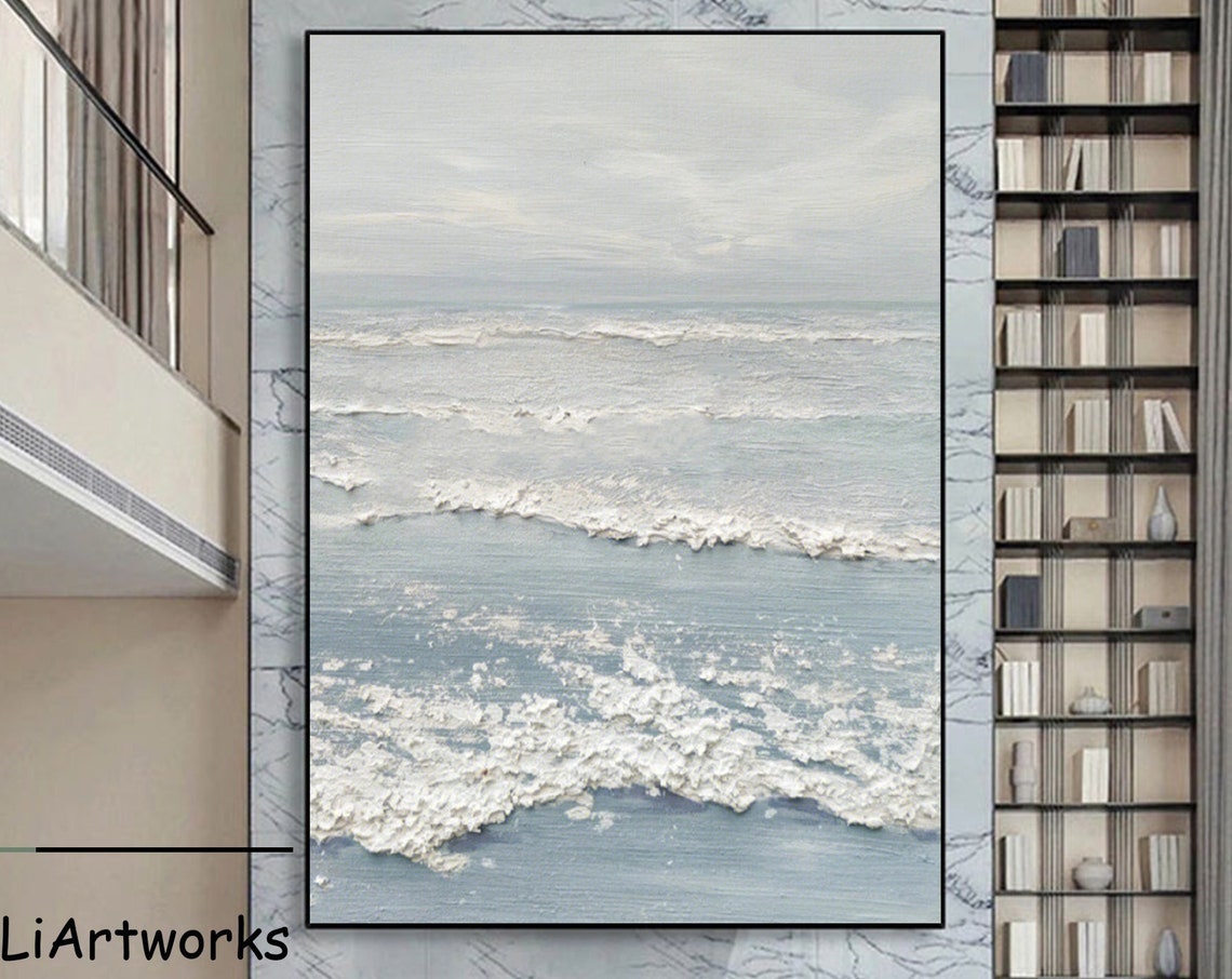 Textured Blue Grey Ocean Waves Minimalist Coastal Seascape Art Poster
