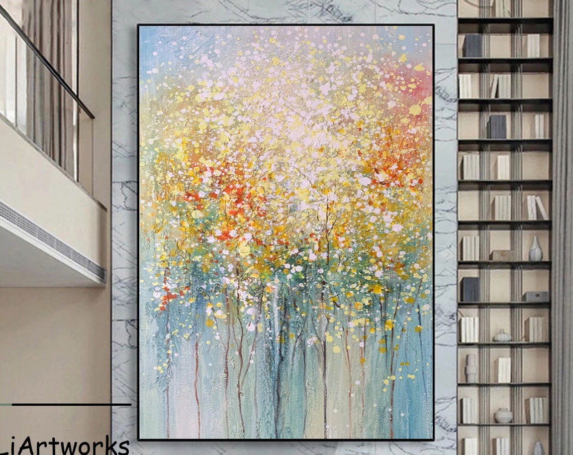 Abstract Flowering Trees with Golden Blossom Canopy Colorful Poster